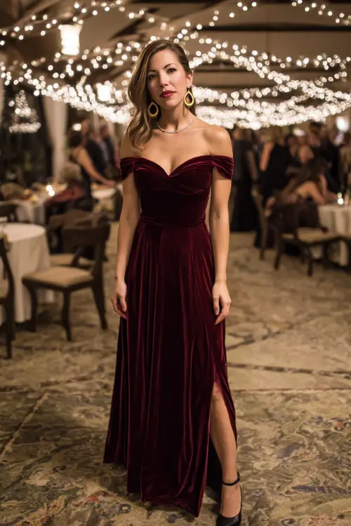 Woman in a deep burgundy floor-length gown with an off-the-shoulder neckline, paired with black heels and gold hoops