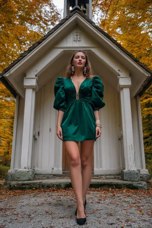 Woman in a deep forest green mini dress with puff sleeves and a cinched waist, paired with pearl drop earrings and black pumps