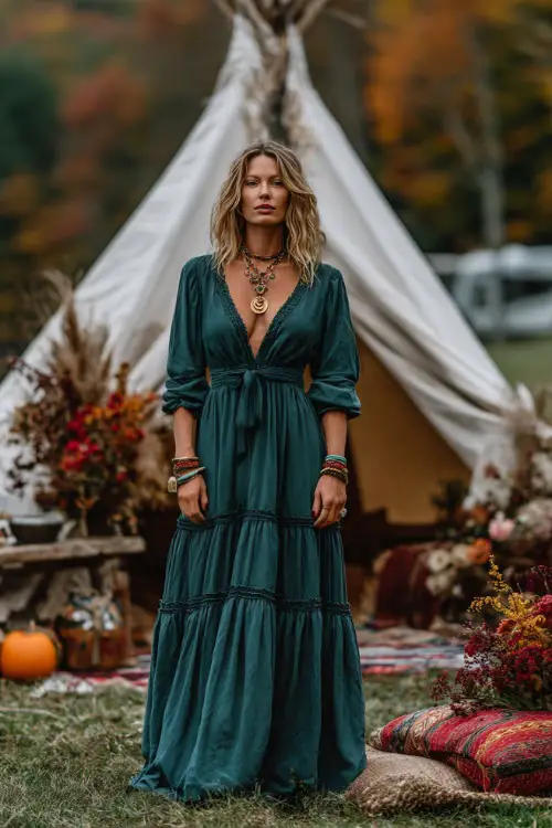 Woman in a deep green boho dress with tiered skirt and gold jewelry, standing beside a teepee altar draped in fabric and autumn florals, full body 