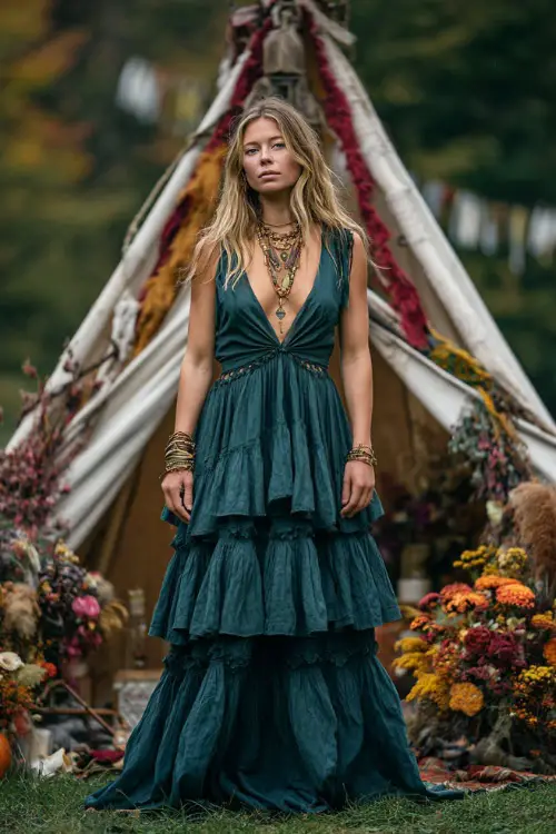 Woman in a deep green boho dress with tiered skirt and gold jewelry, standing beside a teepee altar draped in fabric and autumn florals, full body
