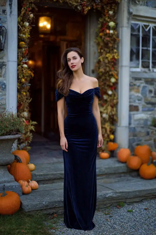 Woman in a deep navy blue off-shoulder velvet gown with a slight train, standing near a historic estate's entryway decorated with pumpkins and fall garlands 