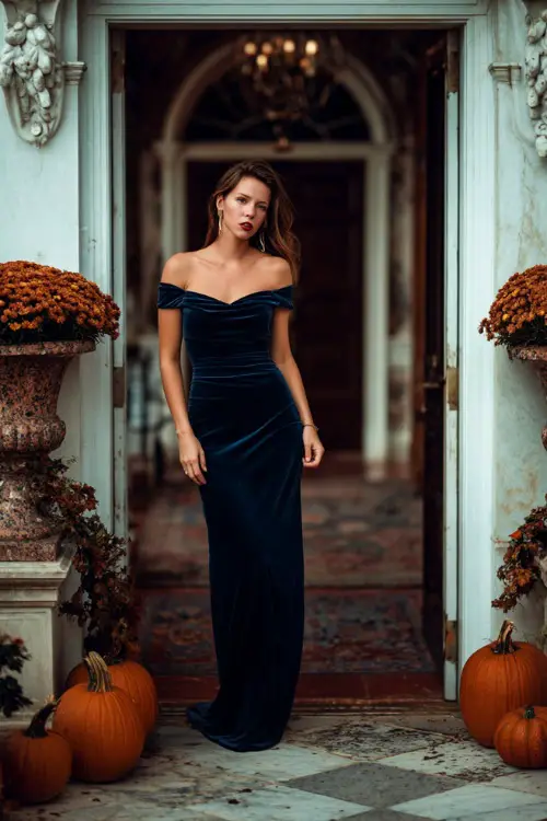 Woman in a deep navy blue off-shoulder velvet gown with a slight train, standing near a historic estate's entryway decorated with pumpkins and fall garlands 