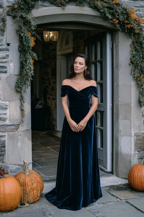 Woman in a deep navy blue off-shoulder velvet gown with a slight train, standing near a historic estate's entryway decorated with pumpkins and fall garlands