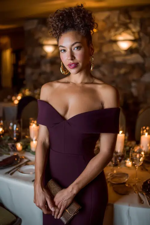 Woman in a deep plum off-the-shoulder gown with a fitted silhouette, accessorized with gold drop earrings and a matching clutch, standing in front of a candlelit table setting 