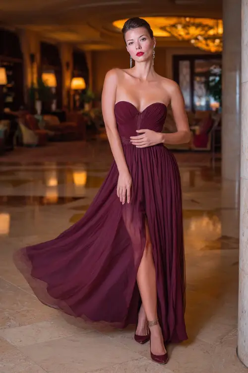 Woman in a deep wine-colored gown with a sweetheart neckline and chiffon overlay, accessorized with diamond drop earrings and heels, posing in a luxurious hotel lobby