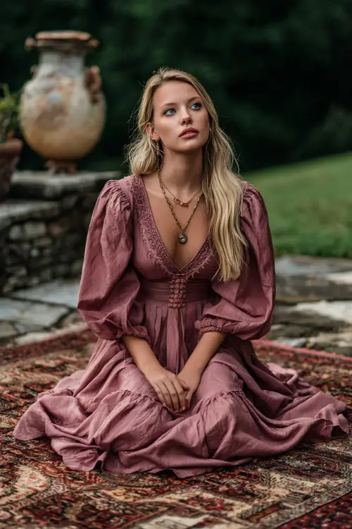 Woman in a dusty rose maxi dress with smocked bodice and dramatic sleeves, sitting on a vintage rug at an October outdoor ceremony space, full body