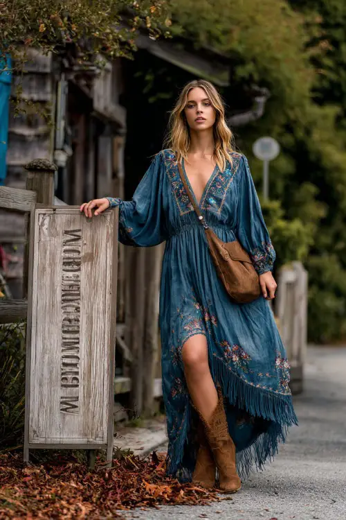 Woman in a flowy indigo boho dress with floral embroidery and suede fringe bag, posing beside a wooden wedding sign and scattered leaves