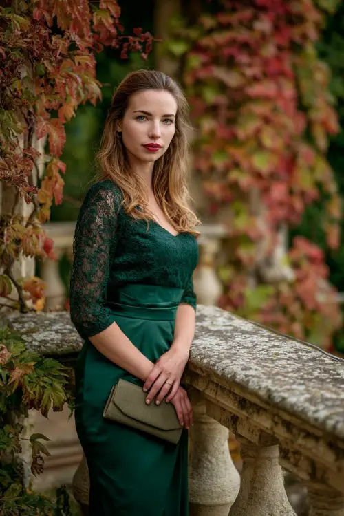 Woman in a forest green column dress with lace sleeves and satin clutch, standing by stone balustrades with ivy turning autumn red 