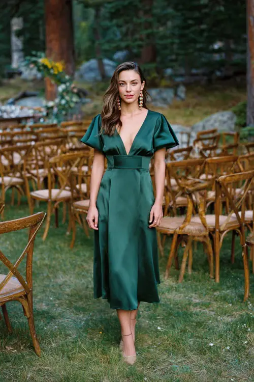 Woman in a forest green satin midi dress with flutter sleeves and gold drop earrings, standing near an elegant October wedding ceremony with rustic wooden chairs