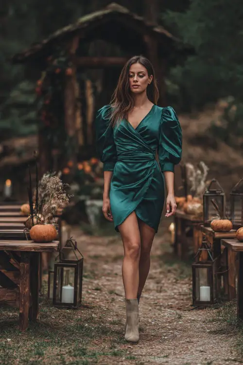 Woman in a forest green satin wrap dress with puff sleeves and ankle boots, walking near a wooden ceremony bench setup with pumpkins and lanterns 