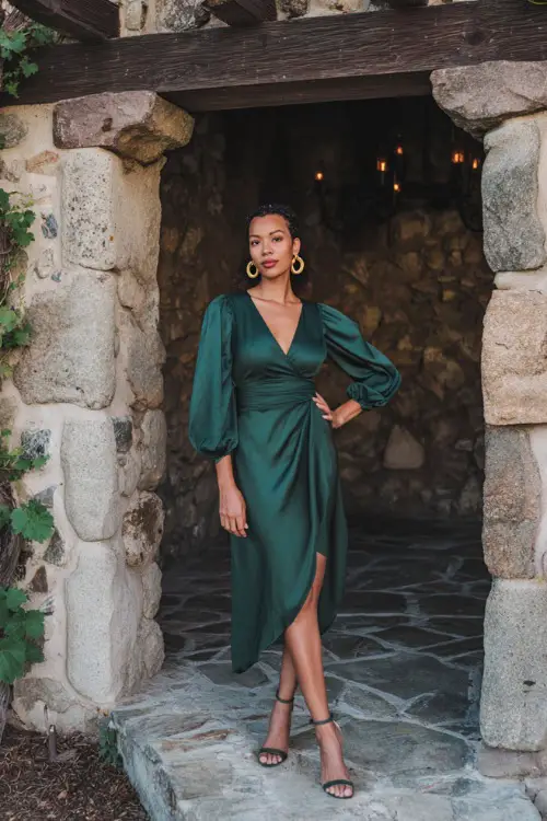 Woman in a forest green wrap midi dress with bishop sleeves and gold hoop earrings, standing by a rustic wooden archway at a vineyard wedding
