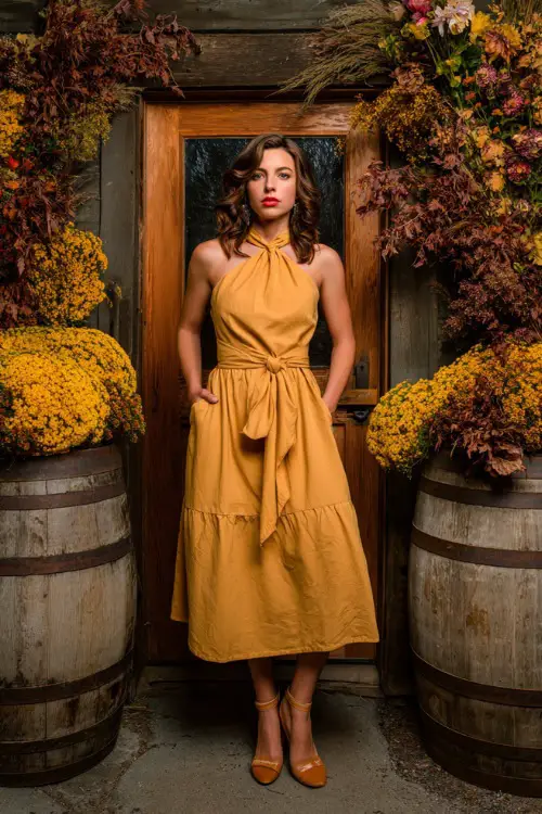Woman in a goldenrod midi dress with tiered skirt and tie-neck detail, framed by fall flower arrangements and rustic barrels