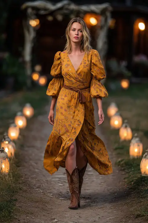 Woman in a mustard floral wrap dress with puff sleeves and western boots, walking down a lantern-lit pathway to a rustic altar