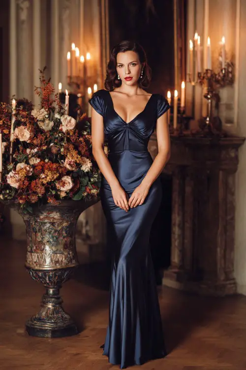 Woman in a navy blue silk gown with cap sleeves and a slight train, styled with pearl drop earrings and classic pumps, standing in a candlelit hall with fall floral arrangements 