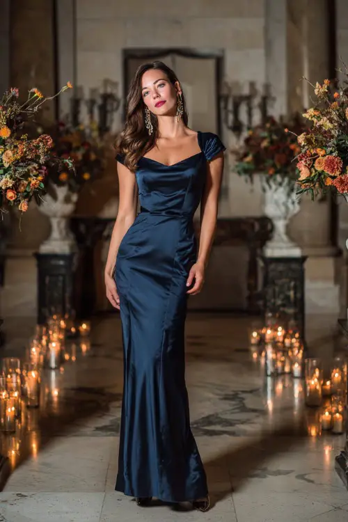 Woman in a navy blue silk gown with cap sleeves and a slight train, styled with pearl drop earrings and classic pumps, standing in a candlelit hall with fall floral arrangements 
