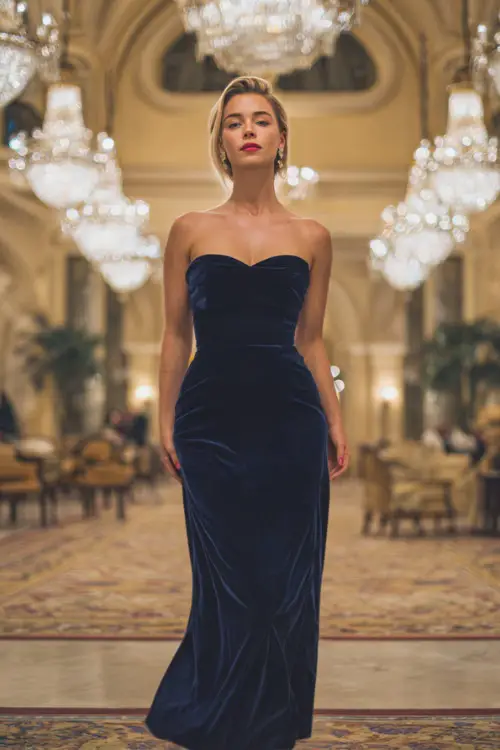 Woman in a navy blue velvet gown with a fitted bodice and floor-length skirt, styled with diamond stud earrings and metallic heels, standing in a grand ballroom with chandeliers 