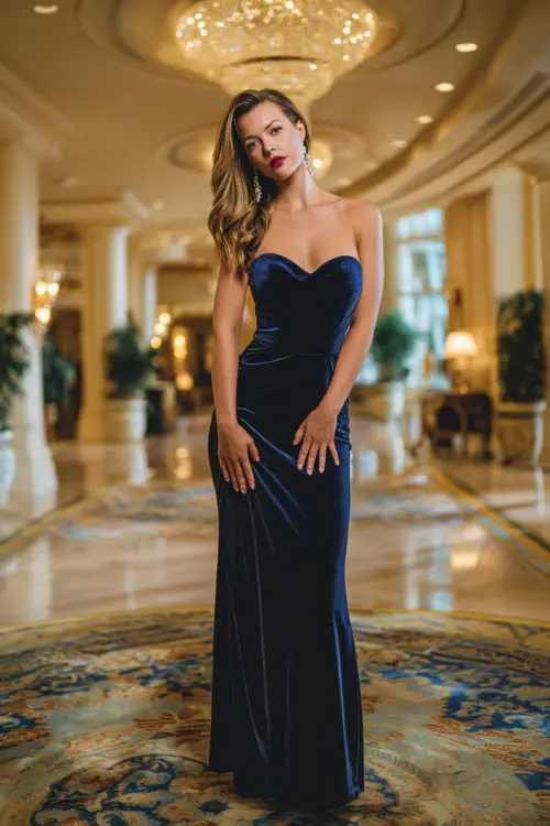 Woman in a navy blue velvet gown with a fitted bodice and floor-length skirt, styled with diamond stud earrings and metallic heels, standing in a grand ballroom with chandeliers