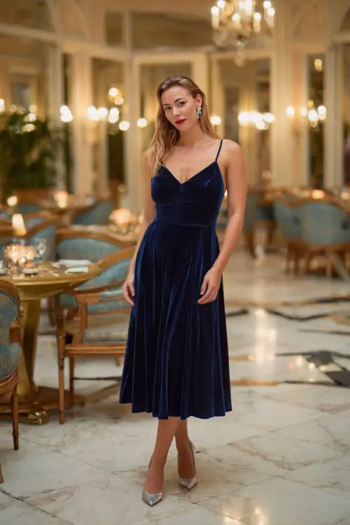 Woman in a navy blue velvet midi dress with a fitted bodice and flared skirt, accessorized with diamond stud earrings and silver heels 