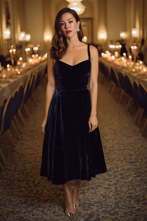 Woman in a navy blue velvet midi dress with a fitted bodice and flared skirt, accessorized with diamond stud earrings and silver heels, standing in an elegant reception hall with candlelit tables