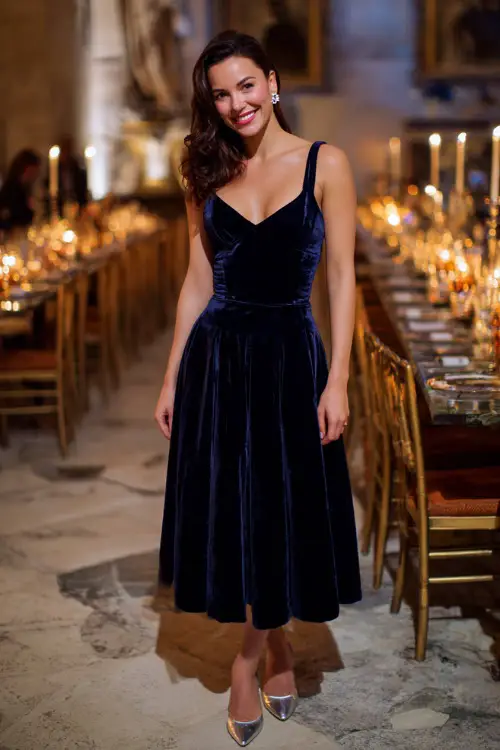 Woman in a navy blue velvet midi dress with a fitted bodice and flared skirt, accessorized with diamond stud earrings and silver heels