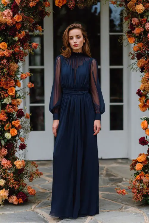 Woman in a navy chiffon maxi dress with sheer long sleeves and a cinched waist, standing near a ceremony arch decorated with orange and burgundy flowers