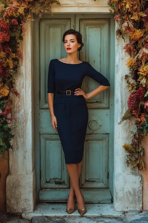 Woman in a navy crepe dress with a boat neckline and three-quarter sleeves, styled with a slim belt and metallic heels, standing beside a vintage doorway with seasonal floral decor