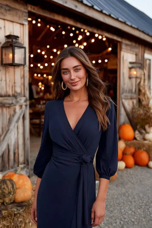 Woman in a navy crepe wrap dress with bishop sleeves and gold hoop earrings, posing beside a cozy barn decorated with pumpkins and lanterns for a rustic fall wedding