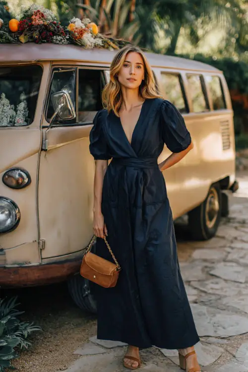 Woman in a navy empire-waist maxi dress with subtle embroidery, styled with a tan crossbody bag and block-heel sandals, standing beside a vintage truck decorated for a fall wedding