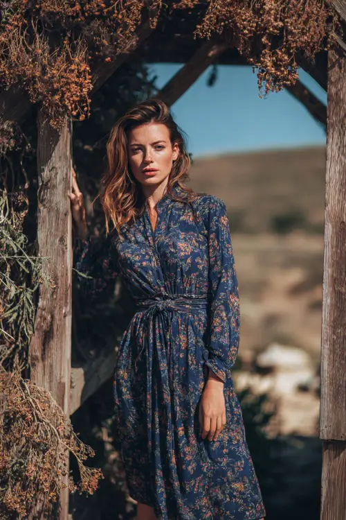 Woman in a navy floral print long-sleeve midi dress with a tie waist, standing near a rustic wooden arch with dried foliage