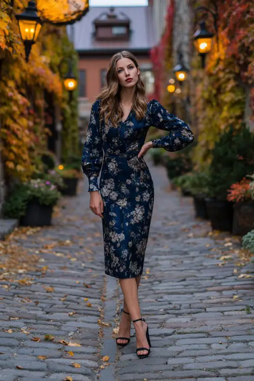 Woman in a navy floral-printed midi dress with long sleeves and block heels, standing on a cobblestone path surrounded by fall foliage and glowing lanterns