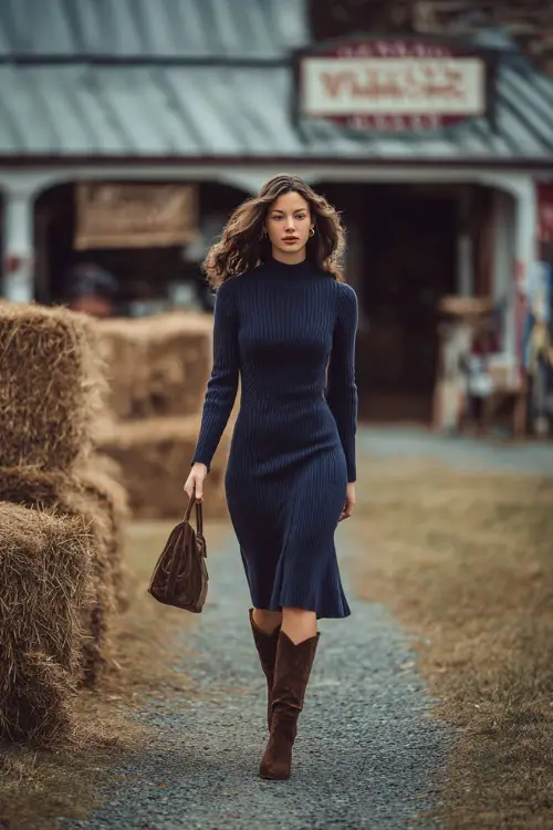 Woman in a navy knit midi dress with long sleeves and mock neck, paired with brown suede ankle boots, walking near a barn venue with haystacks and rustic signage 
