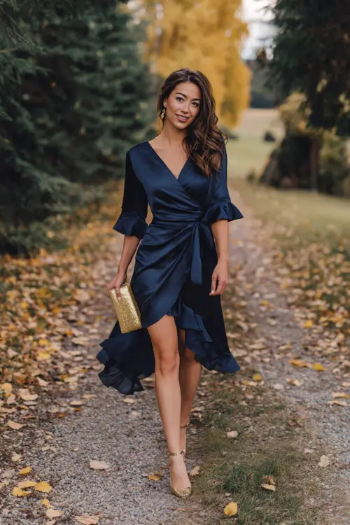 Woman in a navy satin wrap dress with flutter sleeves and a flowy hem, walking on a leaf-covered path with soft October light, paired with gold heels and a clutch