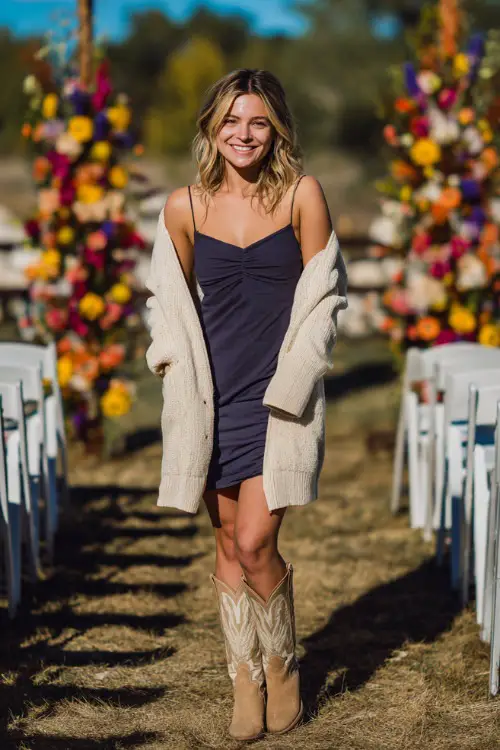 Woman in a navy slip dress layered with a cream cardigan and cowboy boots, standing in front of a countryside ceremony setup with white chairs and colorful fall florals 