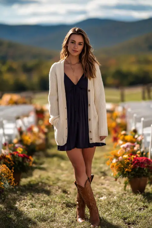 Woman in a navy slip dress layered with a cream cardigan and cowboy boots, standing in front of a countryside ceremony setup with white chairs and colorful fall florals 