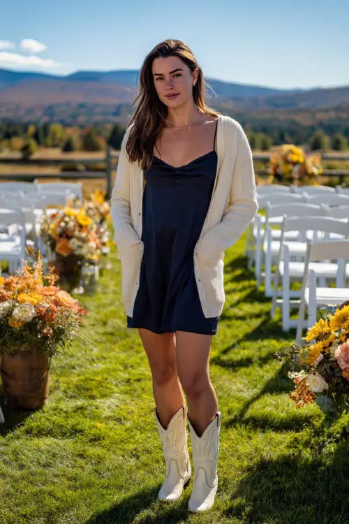 Woman in a navy slip dress layered with a cream cardigan and cowboy boots, standing in front of a countryside ceremony setup with white chairs and colorful fall florals