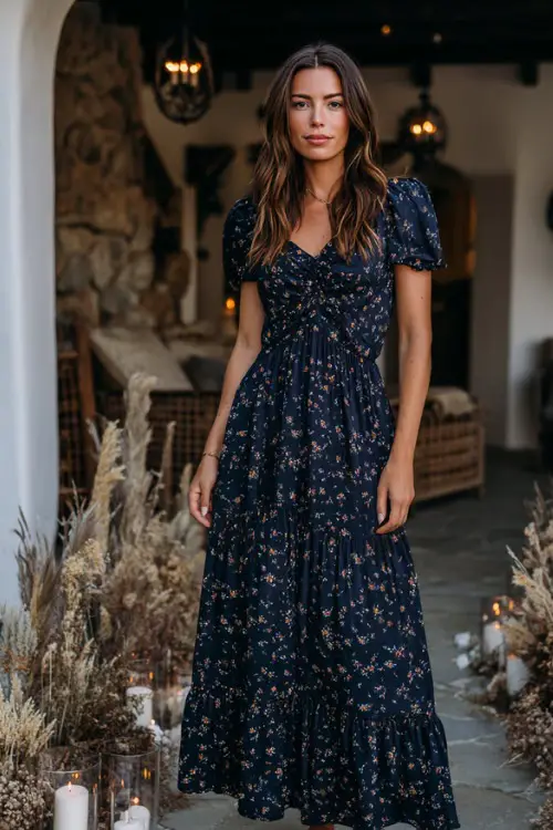 Woman in a navy tiered midi dress with short sleeves and floral print, posing beside a rustic outdoor aisle lined with candles and dried florals, full body 