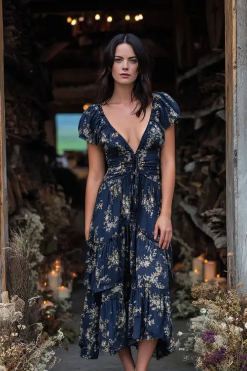 Woman in a navy tiered midi dress with short sleeves and floral print, posing beside a rustic outdoor aisle lined with candles and dried florals, full body