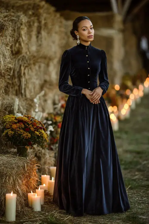 Woman in a navy velvet fit-and-flare dress with long sleeves and pearl earrings, posing near a candlelit aisle with hay bales and fall flowers, full body