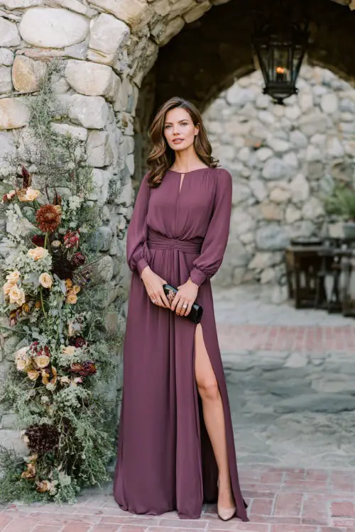 Woman in a plum-colored long-sleeve chiffon dress with a high slit and matching clutch, standing beside a stone arch decorated for an outdoor October wedding 