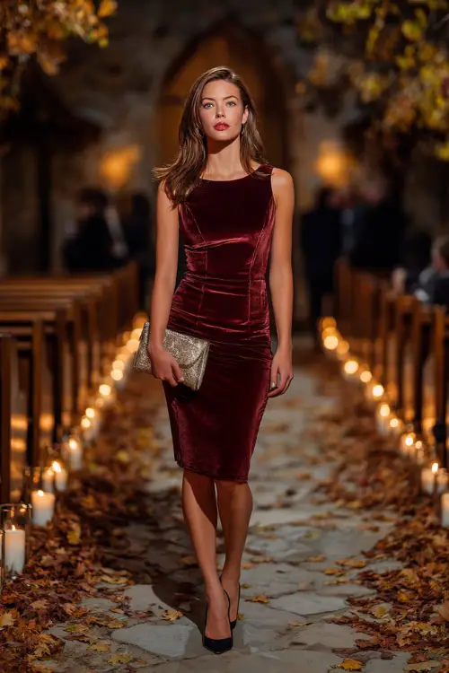 Woman in a rich burgundy velvet knee-length dress with a bateau neckline, accessorized with a metallic clutch and black pumps 