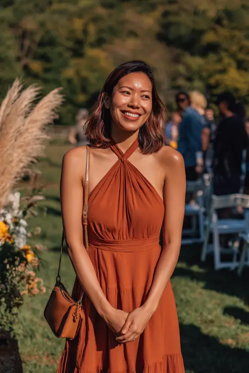 Woman in a rust-colored halter midi dress with layered skirt and crossbody bag, smiling at an open-air ceremony with autumn trees in the background 