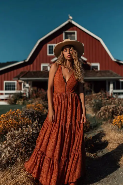 Woman in a rust-colored lace bohemian maxi dress with a tiered skirt and wide-brim hat, posing near a barn wedding venue with dried flowers, full body 