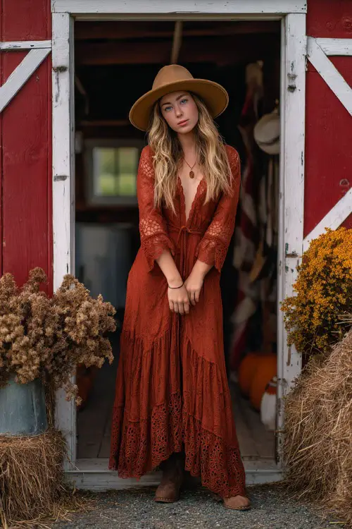 Woman in a rust-colored lace bohemian maxi dress with a tiered skirt and wide-brim hat, posing near a barn wedding venue with dried flowers, full body 