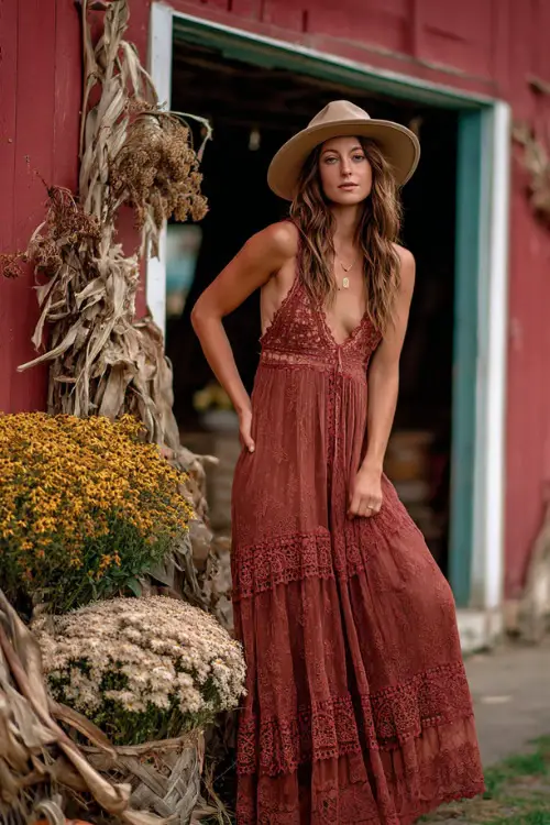 Woman in a rust-colored lace bohemian maxi dress with a tiered skirt and wide-brim hat, posing near a barn wedding venue with dried flowers, full body 