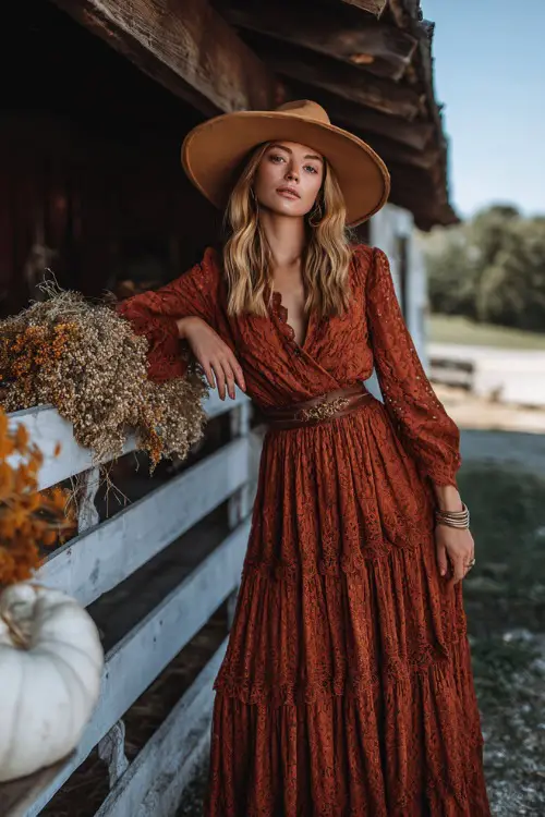 Woman in a rust-colored lace bohemian maxi dress with a tiered skirt and wide-brim hat, posing near a barn wedding venue with dried flowers, full body