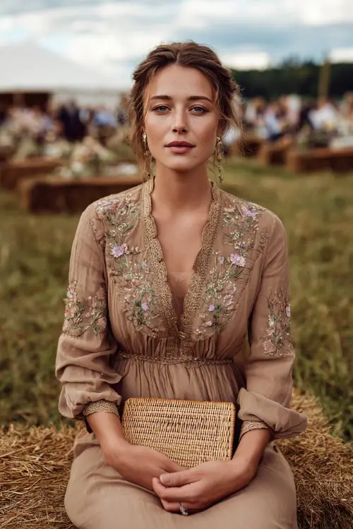Woman in a taupe boho dress with floral embroidery and tassel ties, holding a woven clutch at a farm-style wedding with hay bale seating, full body