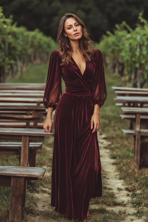 Woman in a wine-colored velvet bohemian dress with sheer balloon sleeves, standing near wooden wedding benches in a vineyard