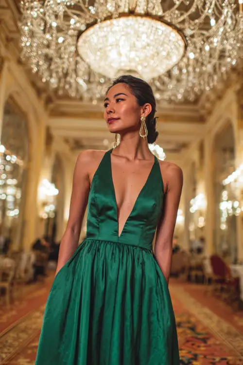 Woman in an emerald green satin A-line gown with a deep V-neckline, paired with gold drop earrings and strappy heels, standing in a grand ballroom with crystal chandeliers