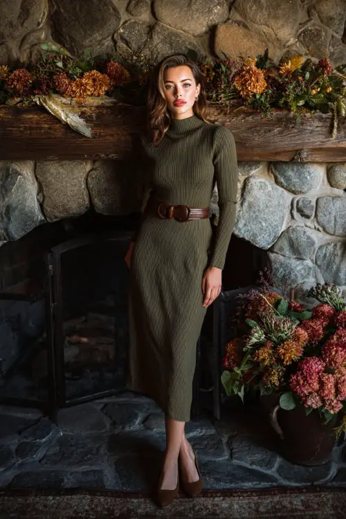 Woman in an olive green sweater midi dress with long sleeves and leather belt, standing by a fireplace decorated for a rustic October wedding, full body