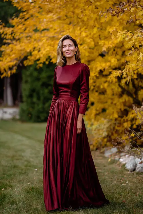 Woman over 40 wearing a floor-length burgundy gown with a pleated skirt and structured bodice, posing near golden autumn trees at an outdoor October wedding